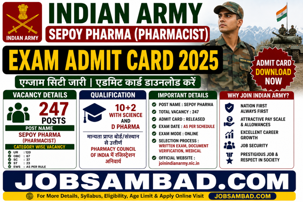 Indian Army Sepoy Pharma Exam Admit Card